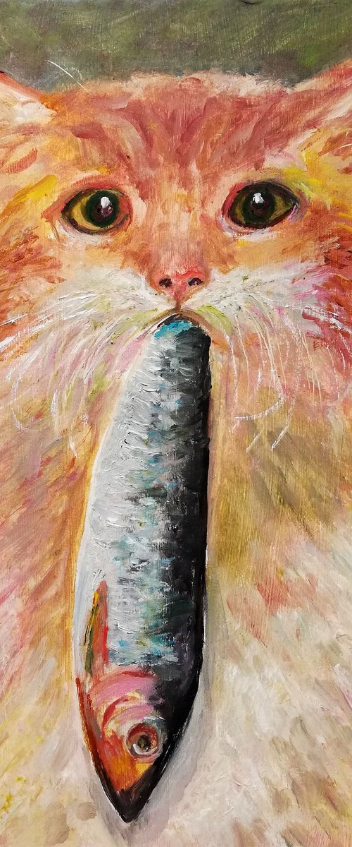 "A Cat with a Fish" Original Oil Painting on Cardboard 7x9.5" (18x24cm) by Katia Ricci