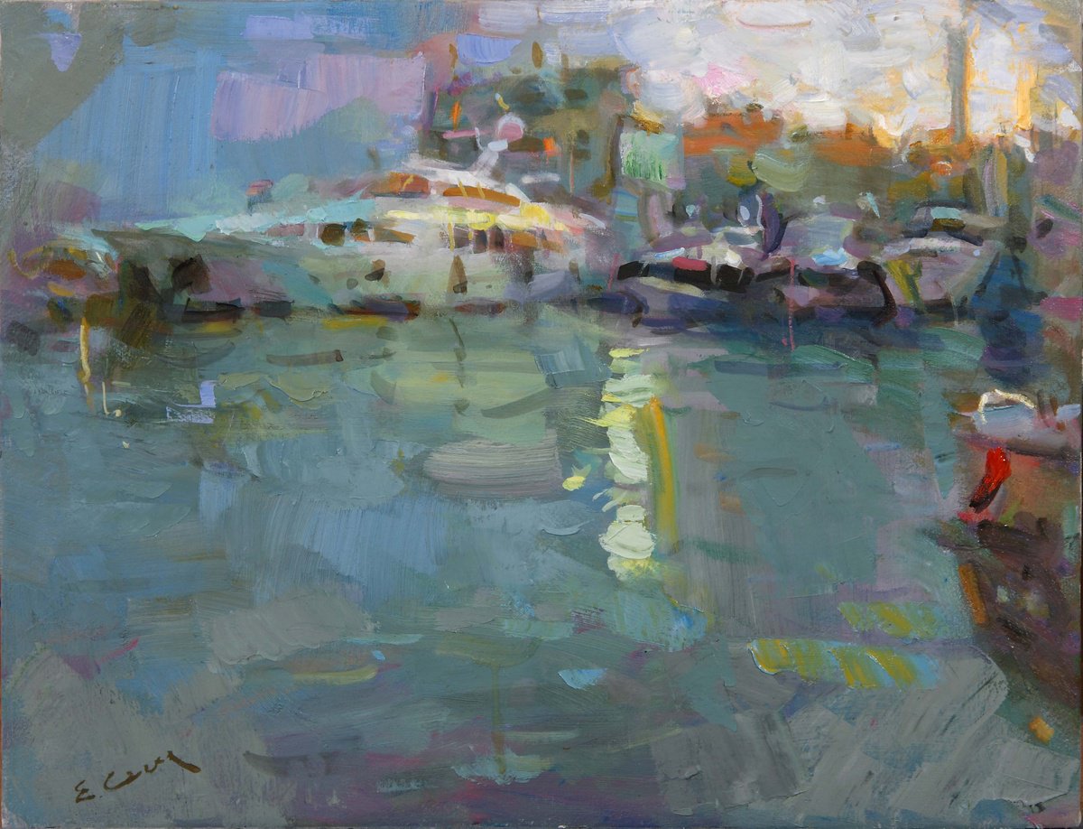 Expressive Landscape Oil Painting By Eugene Segal, 22 X 16, Twilight In The Port, Original Artwork