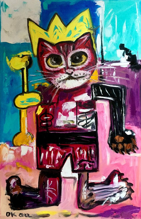 King Cat Troy  in a CROWN ( 71x 45cm, , 28x18inches,) version of famous painting by Jean-Michel Basquiat