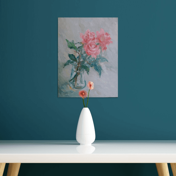 Roses in vase. Original oil painting (2021)