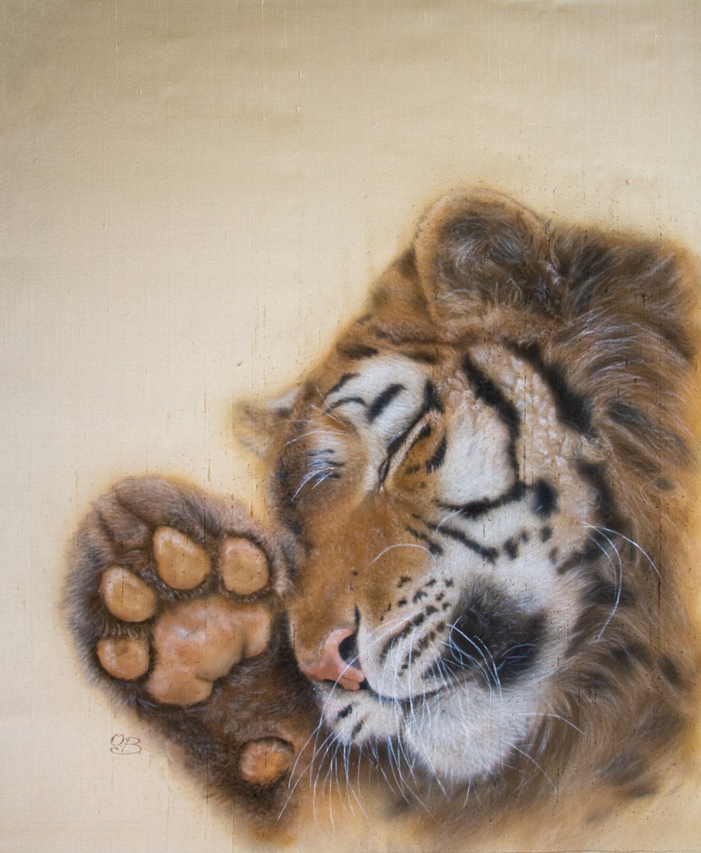 Dreamy tiger I - Silk Painting, wildlife art, contemporary art, big cat painting, nature by Olga Belova