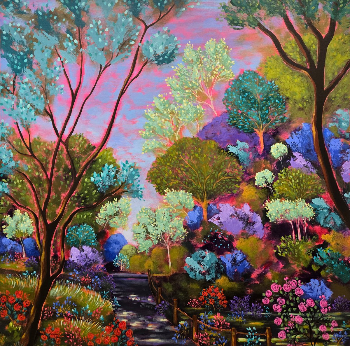 Impressionistic Landscape Acrylic Painting By Karen Rieger, 48 X 48", Along The Garden Path, Original Artwork