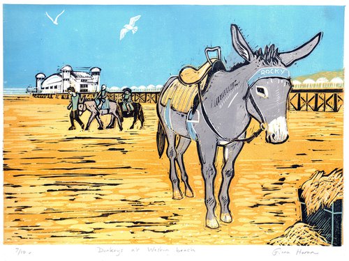 Donkeys at Weston Beach. Limited Edition large linocut by Fiona Horan