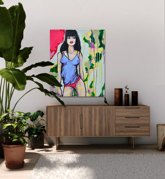 Green Loving Hot Peppers Girl - Original Modern Painting Art on Canvas Ready To Hang