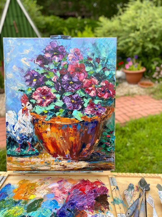 Country Life, 50*60, impressionistic oil still life garden flowers painting with impasto texture