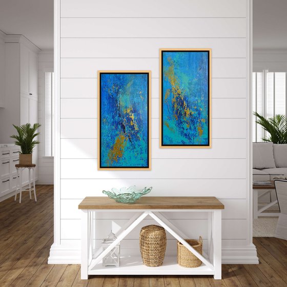 Large Blue and Gold Abstract Textured Painting. Modern Art on Canvas with Structures. Dyptych