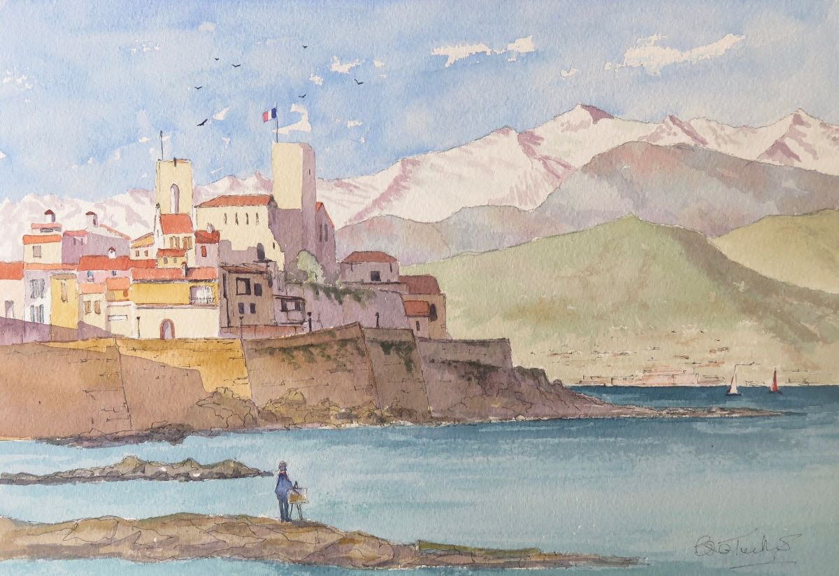 Photorealistic Landscape Watercolour By Brian Tucker, 14 X 10, Antibes In The Spring, Original Artwork