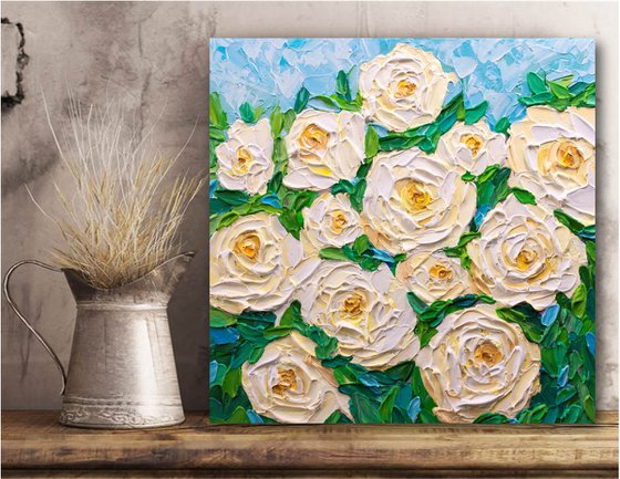 White Roses - Heavy Impasto Floral Painting, Palette Knife Art