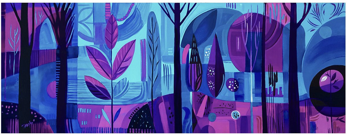 Abstract Landscape Acrylic Painting By Trayko Popov, 67 X 28", Midnight Forest, Original Artwork