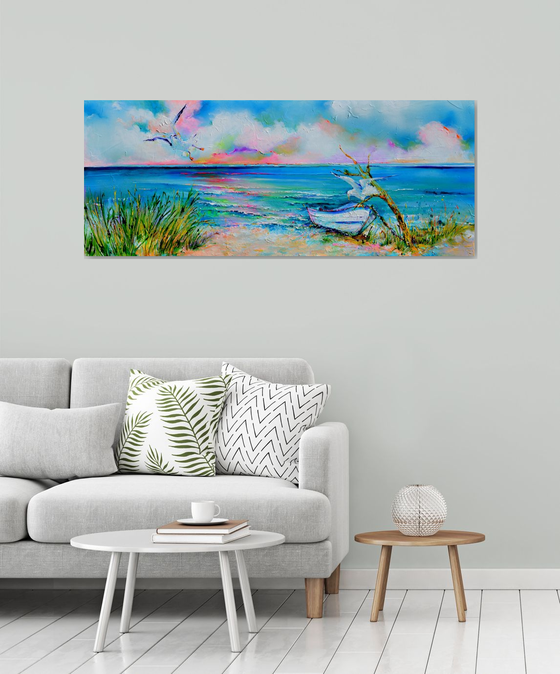 Boat and Seagulls on Seashore