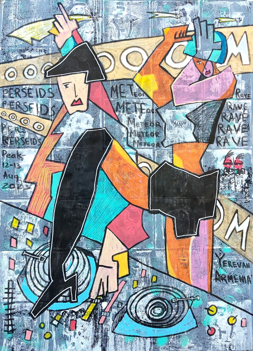 Urban And Pop Portrait Acrylic Painting By Gurgen Arutunyan, 20 X 28, Perseids Meteor Rave!, Original Artwork