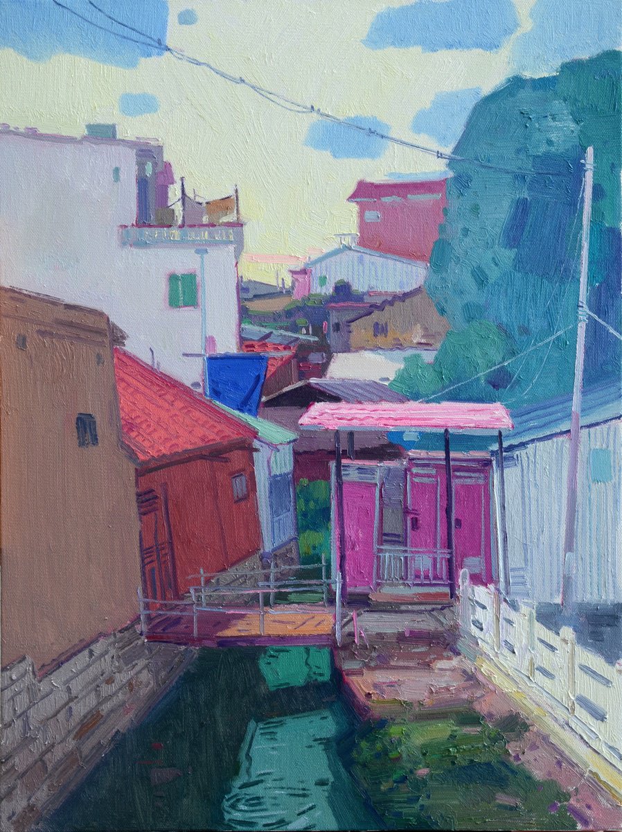 Impressionistic Landscape Oil Painting By Jianzhe Chon, 24 X 31, Town 185, Original Artwork