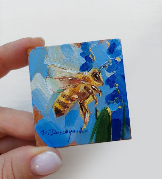 Bee decor artwork painting original 2x2, Bee painting in blue frame, Honey bee wall art tiny