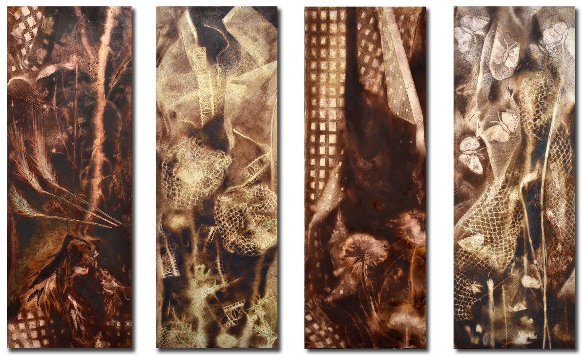 Organic Botanical Painting By Milena Nicosia, 47 X 28", Set Di 4 Opere: "Le 4 Terre", Original Artwork