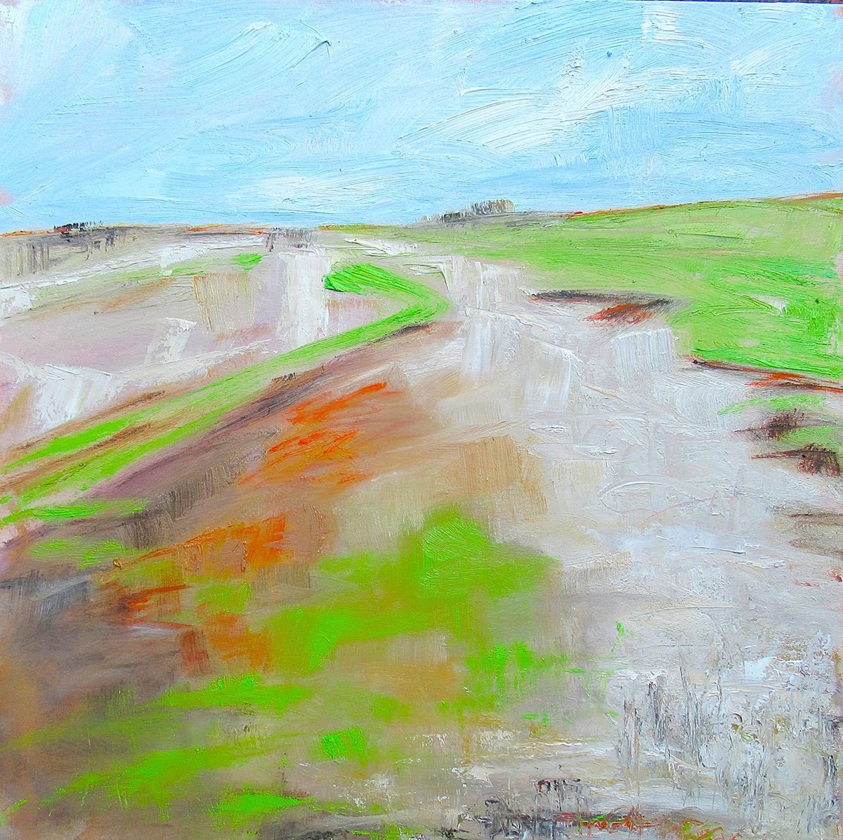 Expressive Landscape Oil Painting By Sherry Edmondson, 24 X 24", Stubble Field- Green And Gold, Original Artwork