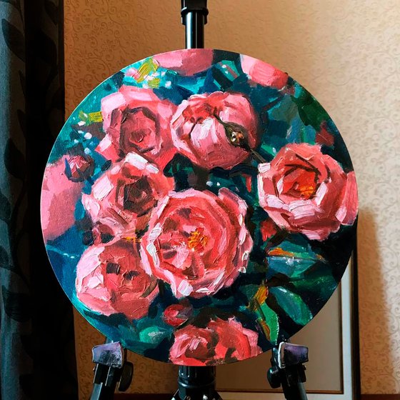 Pink Roses. Round Oil Painting