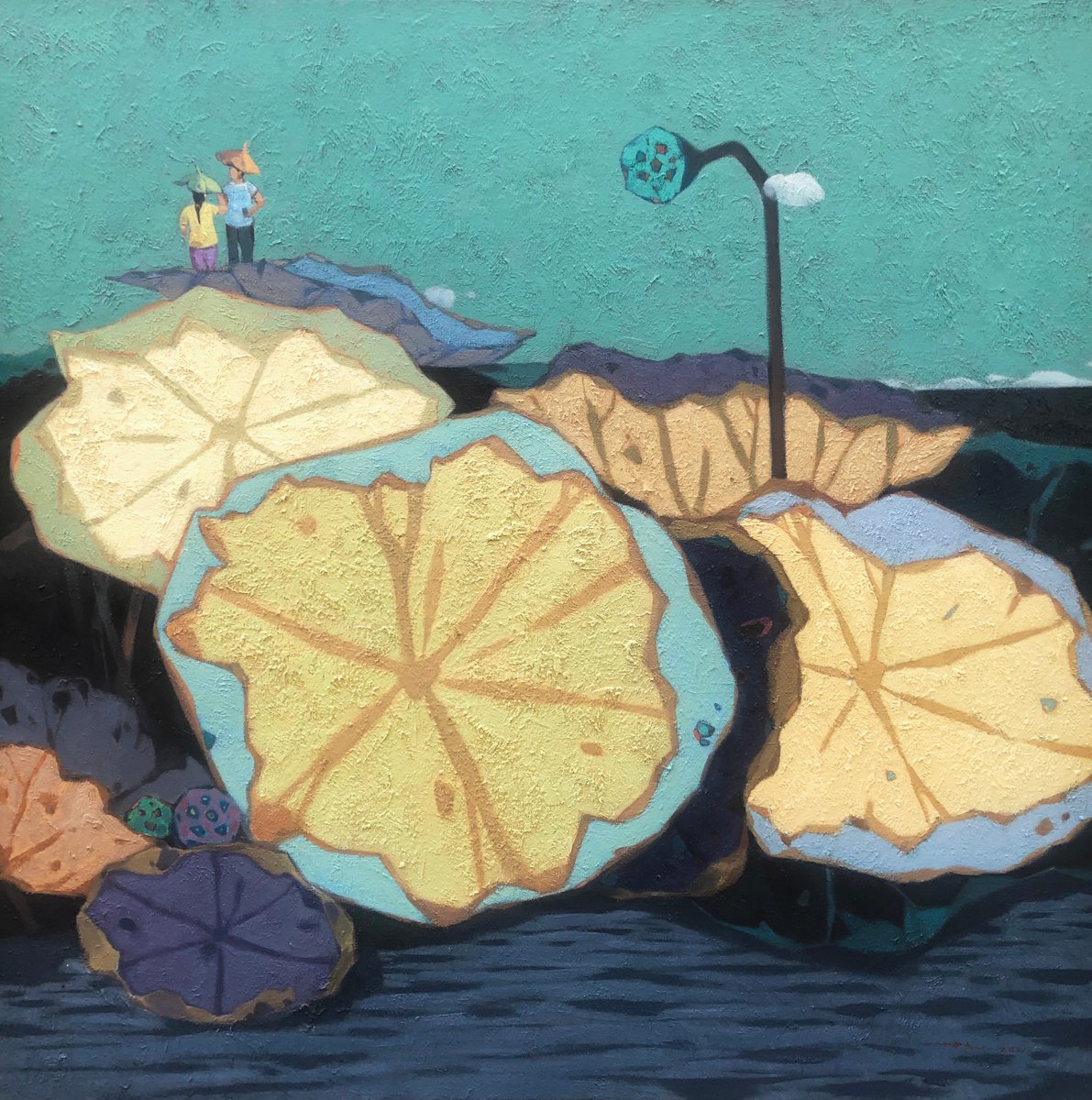 Impressionistic Botanical Oil Painting By Kunlong Wang, 39 X 39", Memory Of The Lotus Pond, Original Artwork