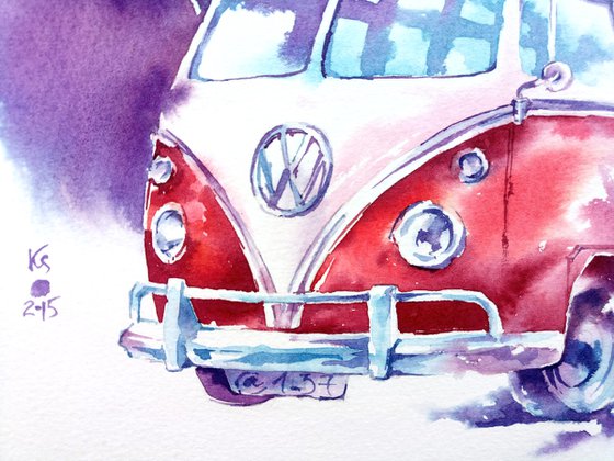 Watercolor sketch "Retro car" original illustration