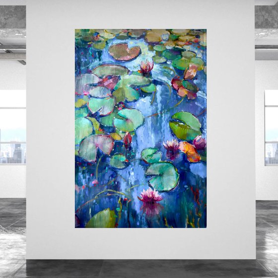 Water lilies on blue water