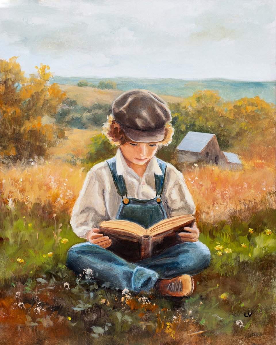 Farmer boy reading a book by Lucia Verdejo