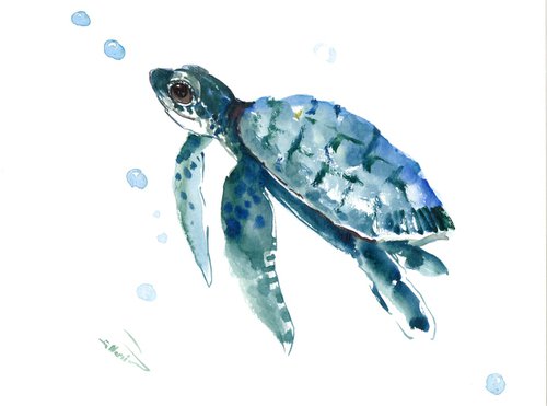 Sea Turtle, watercolor turtle painting by Suren Nersisyan
