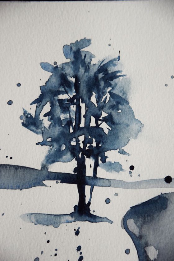 Original watercolor painting postcard Winter snow tree, black and white