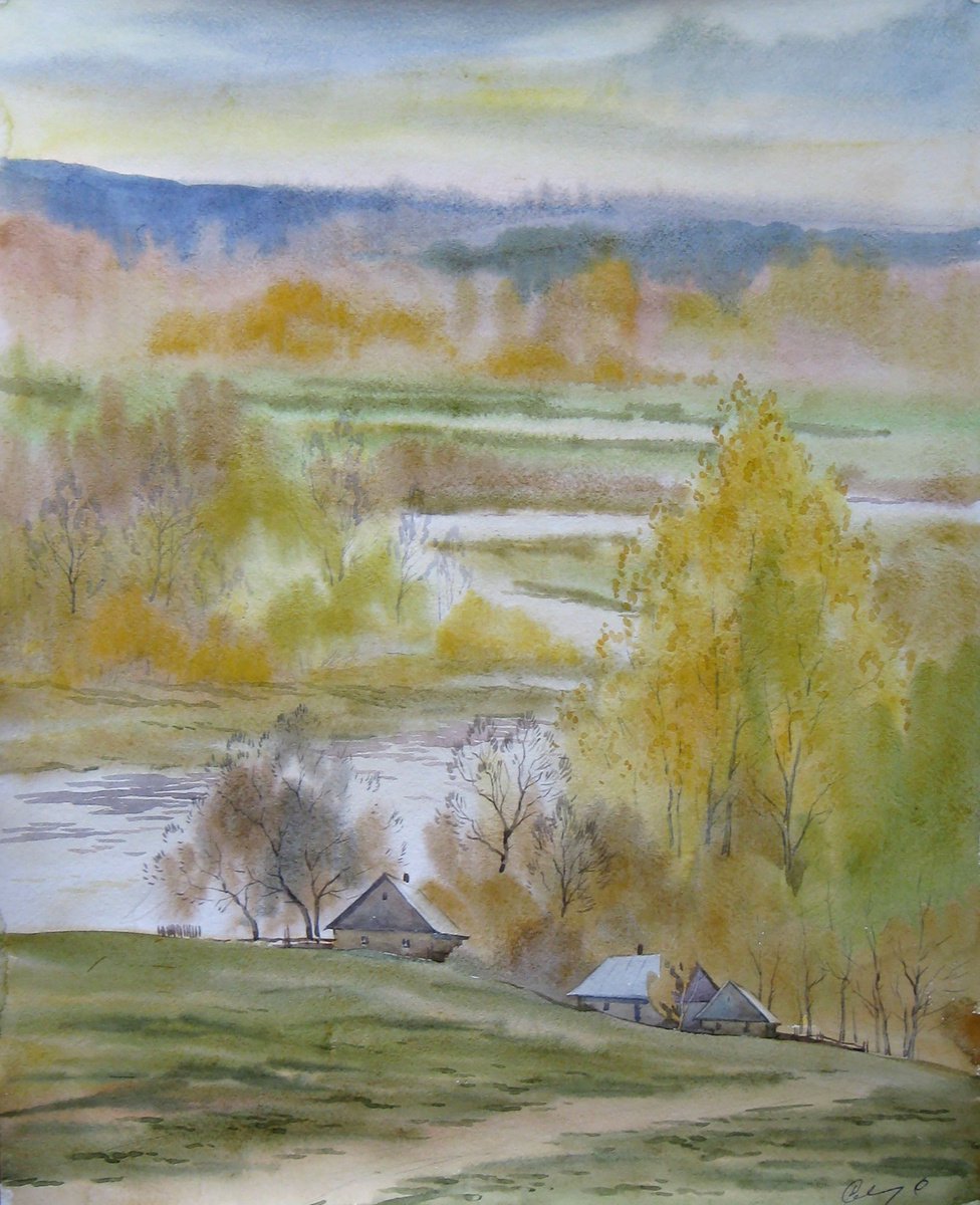 Impressionistic Landscape Watercolour By Valeriy Savenets-1, 16 X 20", Autumn Yellow Days, Original Artwork