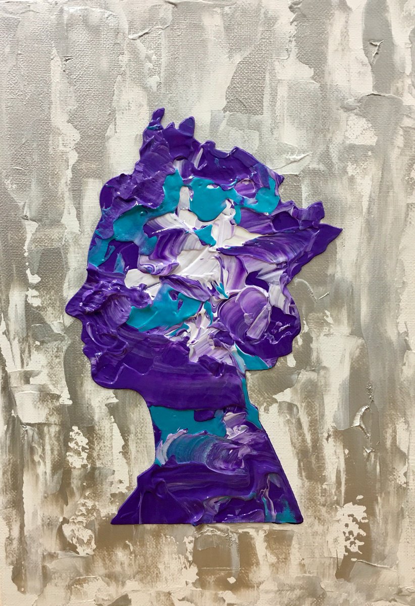 Queen Elizabeth abstract portrait #106 on silver background, purple, turquoise metallic by Olga Koval