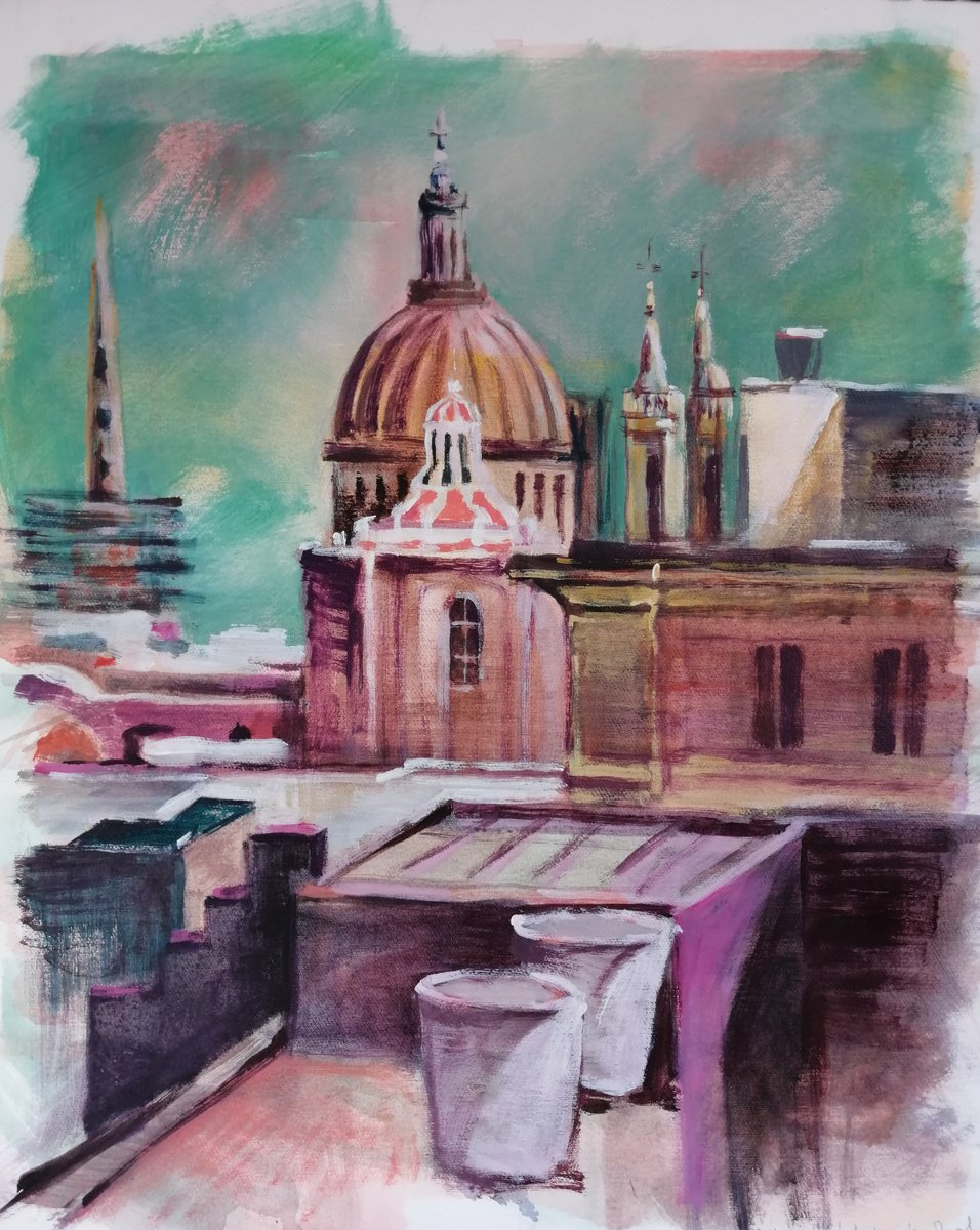 Urban And Pop Cityscapes Acrylic Painting By Olga David, 19 X 23", Over The Rooftops Of Valletta, Original Artwork