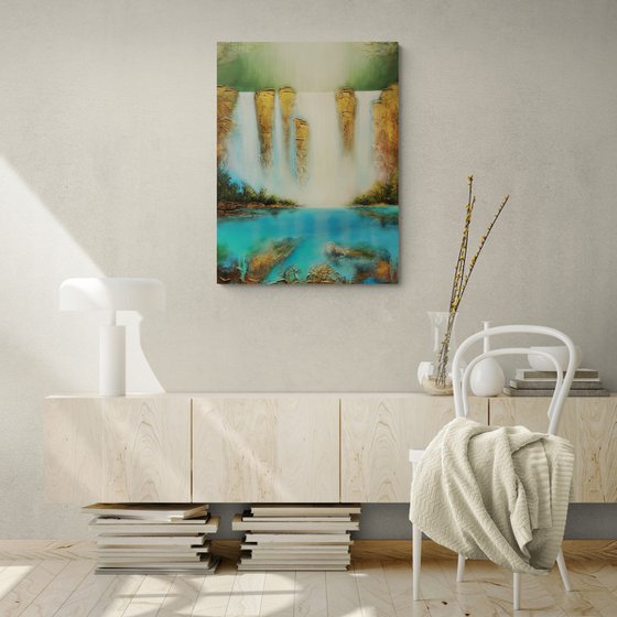 A large abstract beautiful structured mixed media painting of a waterfall "Secret place"