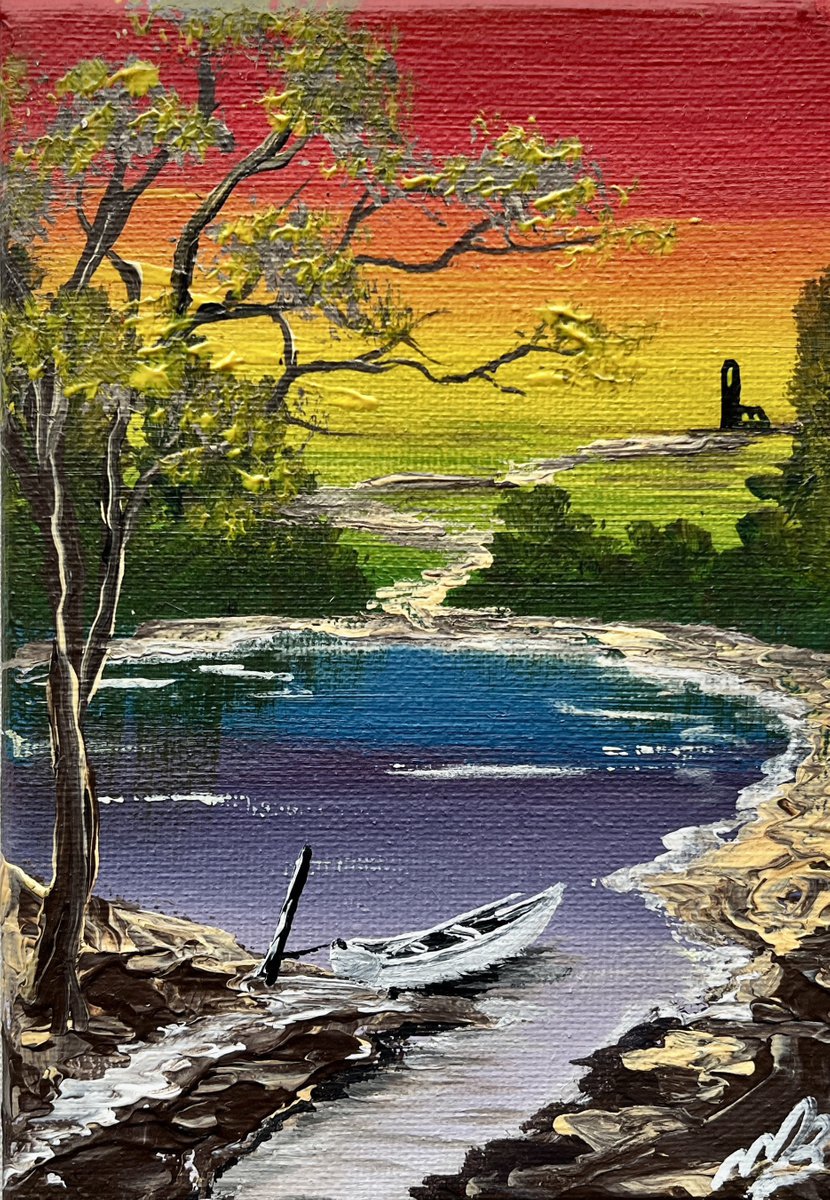 Boat by the Lake on a Mini Canvas by Marja Brown