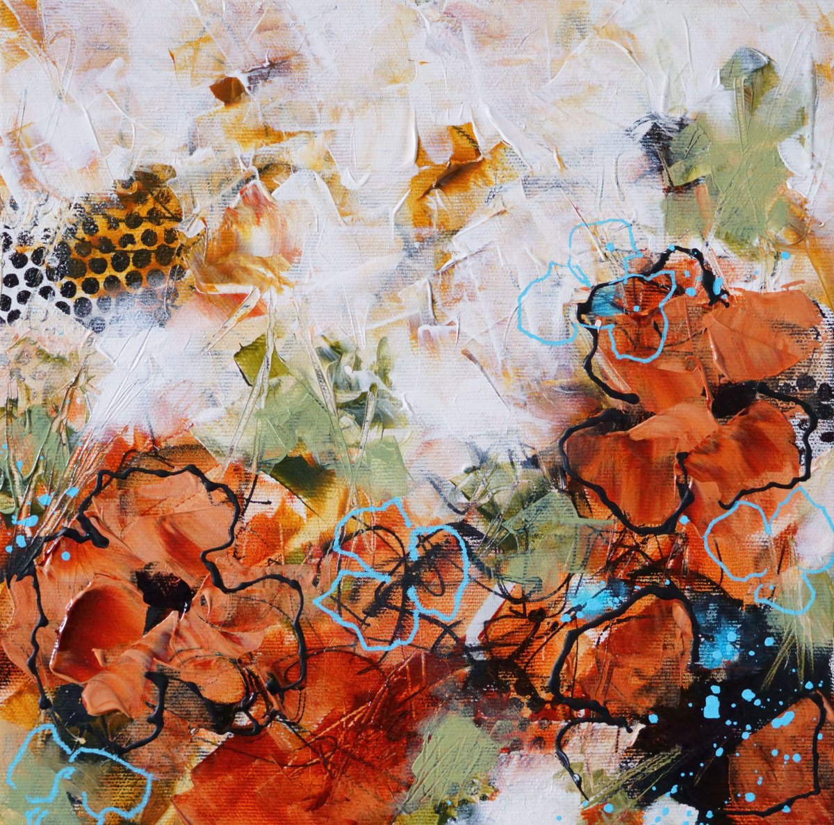 Abstract Botanical Acrylic Painting By Vera Hoi, 12 X 12", "Flowers For A Loved One", Original Artwork