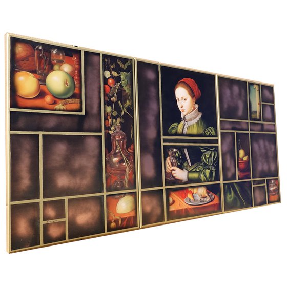 Renaissance portrait A1163 - triptych, original acrylic painting and collage by artist Ksavera