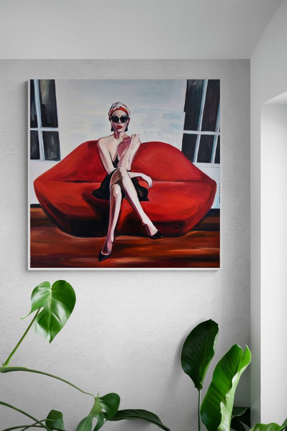 LIPS SOFA - oil painting on canvas, red lips, woman, gaze, sex, erotics, body shapes, white, red, sunglasses, office art, wall art