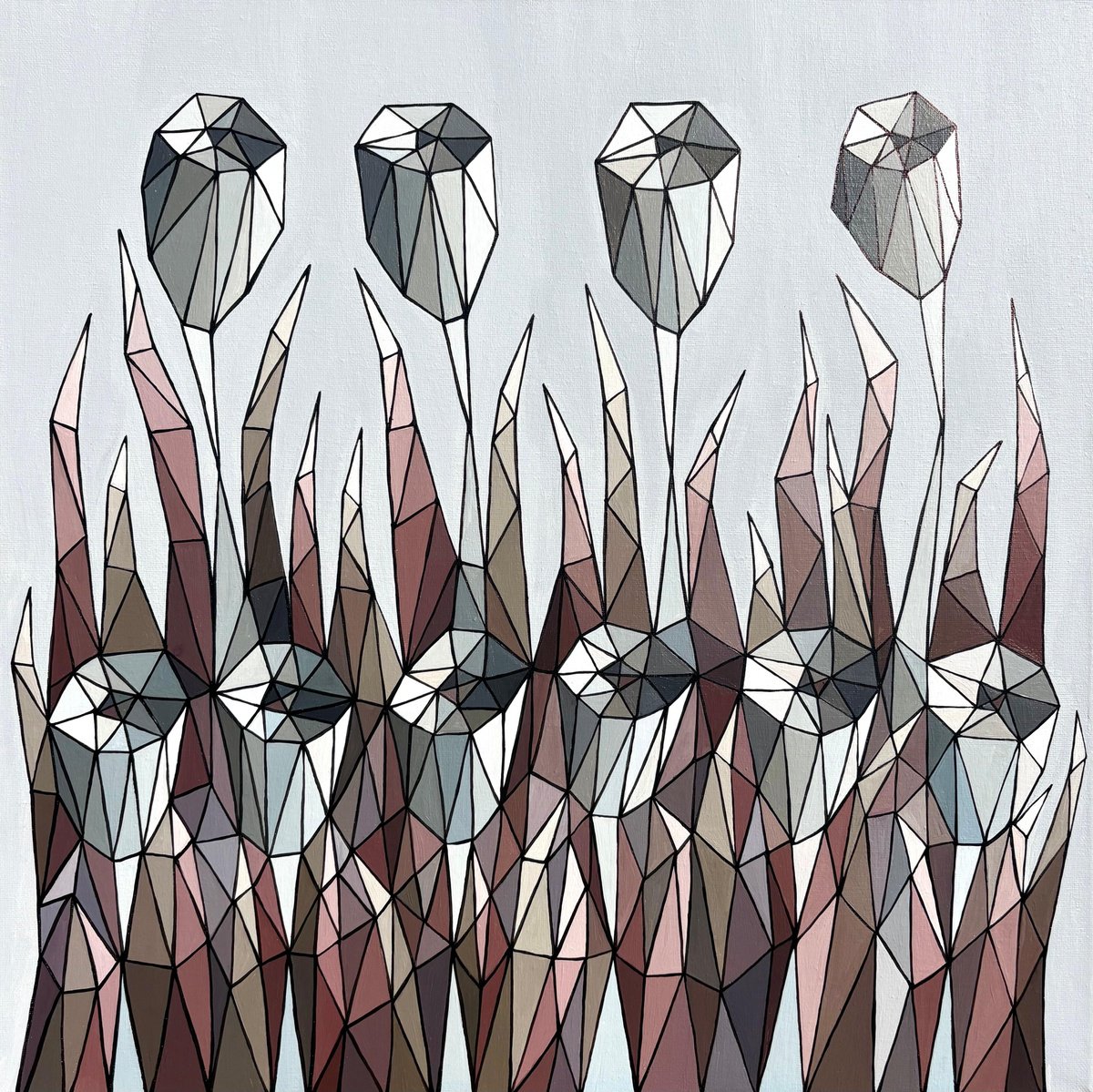 Geometric Landscape Acrylic Painting By Maria Tuzhilkina, 20 X 20", Crystal Blue Flowers, Original Artwork