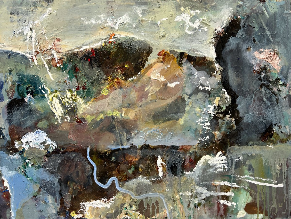 Expressive Landscape Oil Painting By Zakhar Shevchuk, 31 X 24", Lonely River, Original Artwork