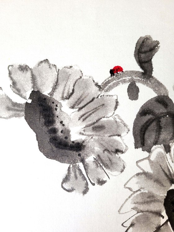Monochromatic ink sunflowers and red ladybug - Oriental Chinese Ink Painting