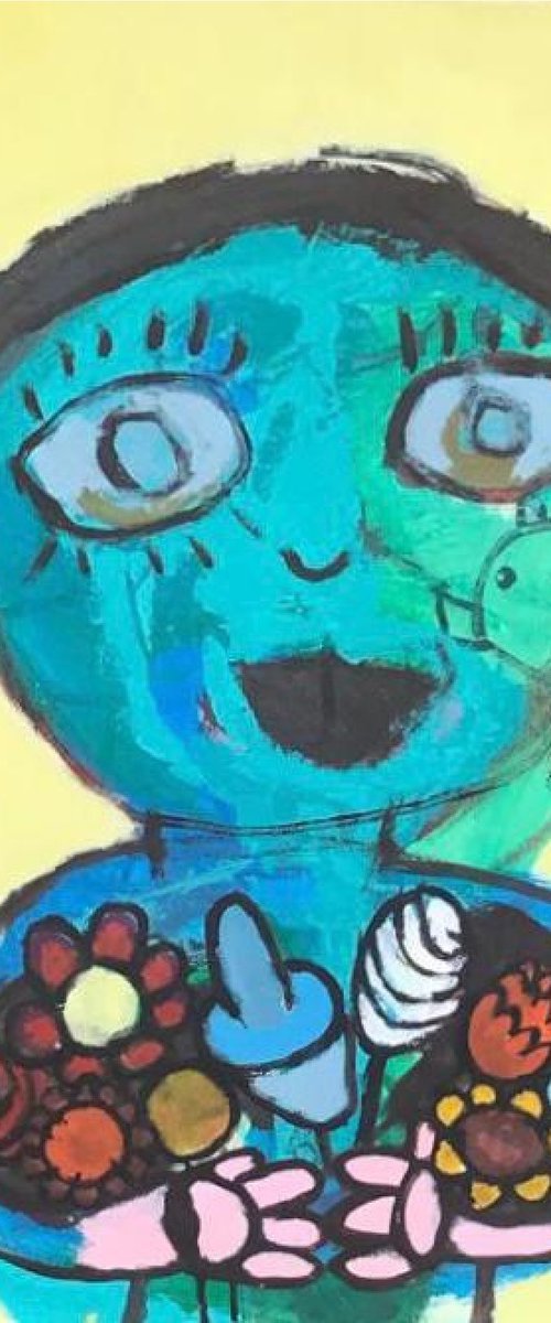Blue character with flowers by Gabo Mendoza