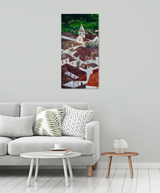 Portugal Oil Paining, Large Vertical Original Wall Art, European City Artwork, Architecture