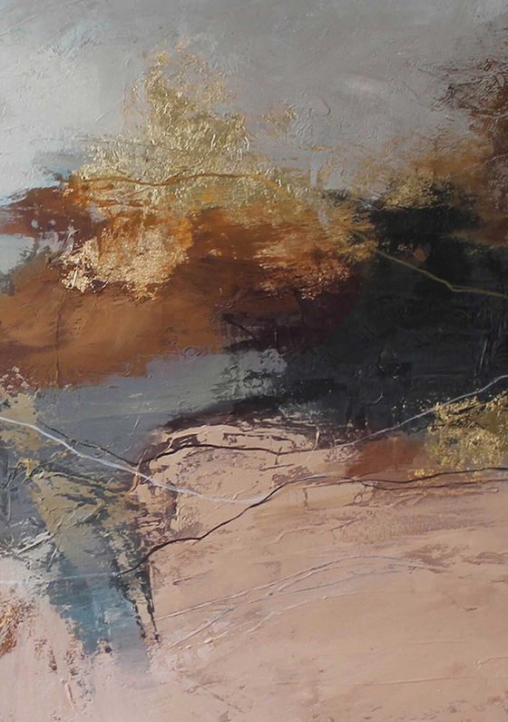 "Orange Flight 4" Abstract brown gray gold