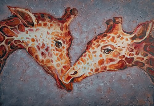 Touch - animal, giraffes, animal face, lovers, painting on canvas, love, gift, animals art, animals oil painting by Anastasia Kozorez