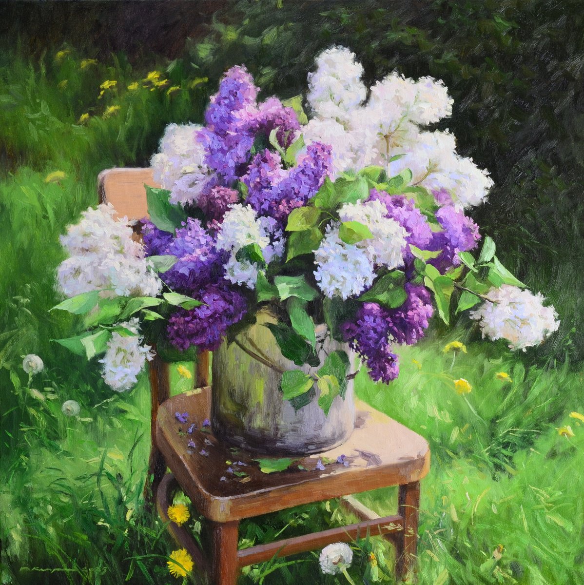 Impressionistic Botanical Oil Painting By Ruslan Kiprych, 24 X 24", The Scent Of Lilac, Original Artwork