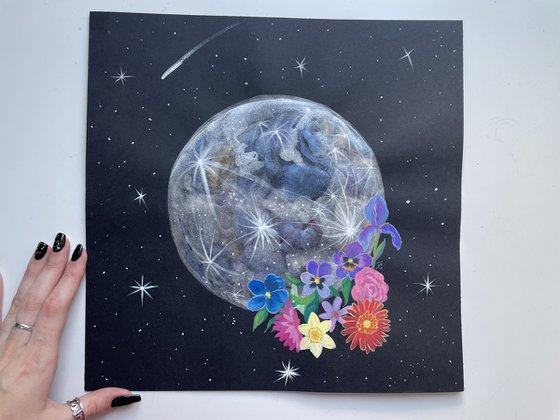 Moon Metallic Watercolor Painting, Stars and Flowers Gouache Original Artwork, Whimsigoth Wall Art