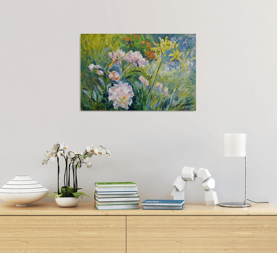 Peonies and Lilies in a Garden