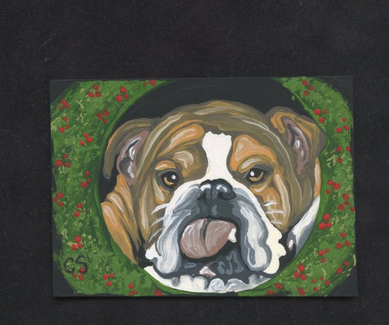 ACEO ATC Original Christmas Painting English Bulldog Dog Pet Art-Carla Smale