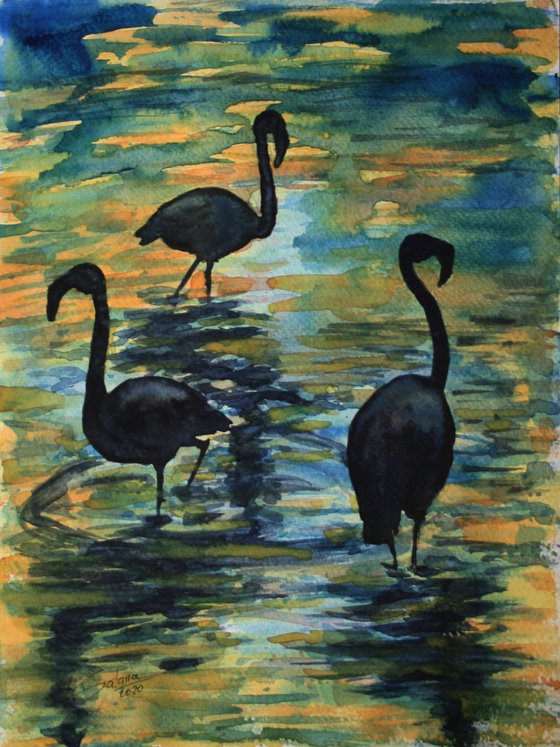 Flamingos... Sunset... /  ORIGINAL PAINTING