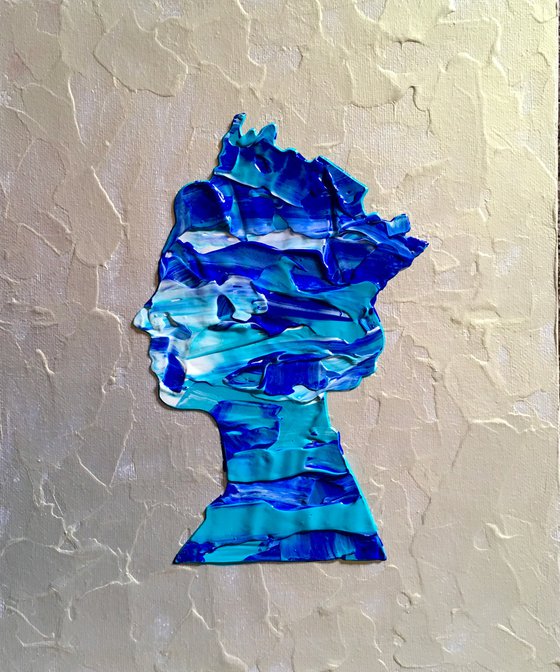 Queen #59 on pearl metallic background , Ultramarine and turquoise  Marble inspired by Queen Elizabeth II