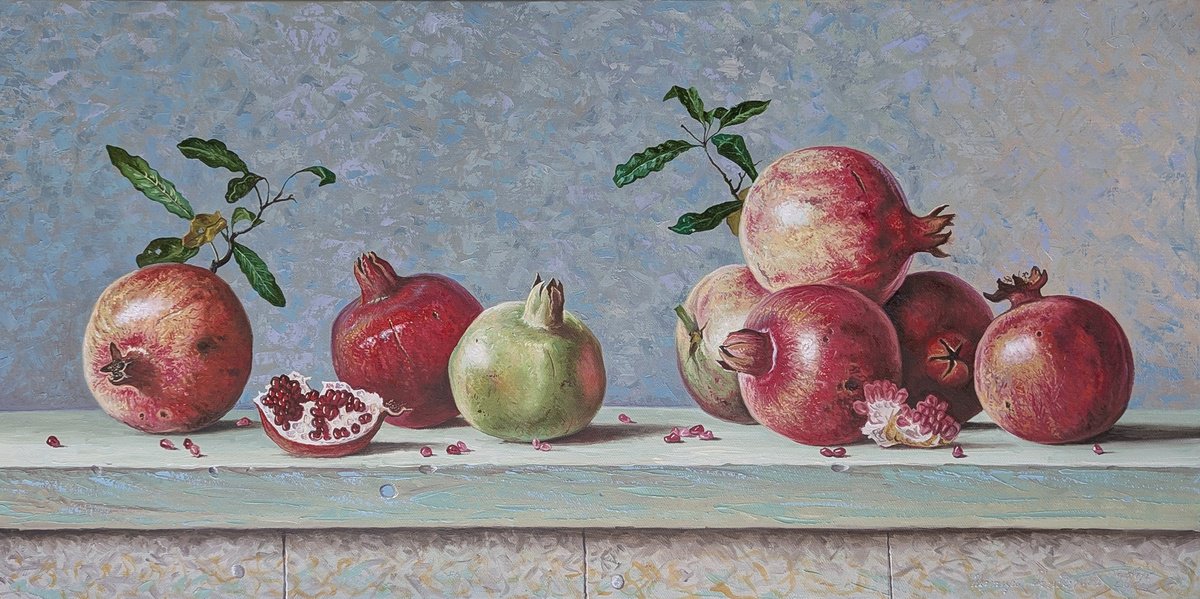 Photorealistic Still Life Oil Painting By Stepan Ohanyan, 31 X 16", Pomegranate Season, Original Artwork