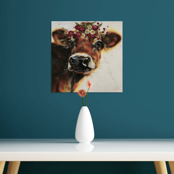 Winterberry, Cow,  original oil painting, flowers, resin, 3D 14x14"