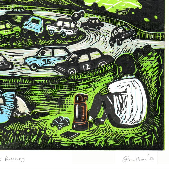 Stock car racing linocut